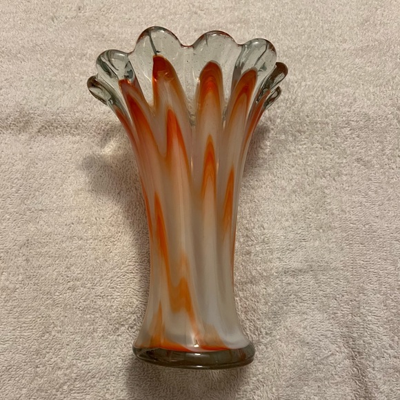 Vase Other - Retro White and Orange Hand Blown Vase